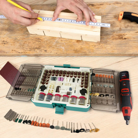 Badass 508 Piece Rotary Tool Accessories Kit Featuring Hella Tough Carbide Bits Ceramic Discs Grinding Wheels Mandrels For Universal Sanding Polishing Carving Drilling Fits All Dremel Styles on workspace.