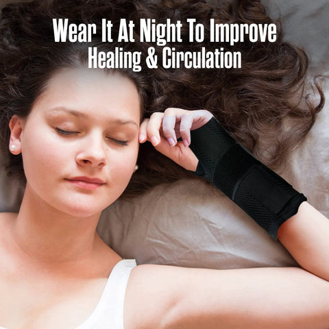 Woman sleeping wearing a Carpal Tunnel Wrist Brace 2 Pack For Pain Relief And Night Splint Comfort, promoting healing and circulation.