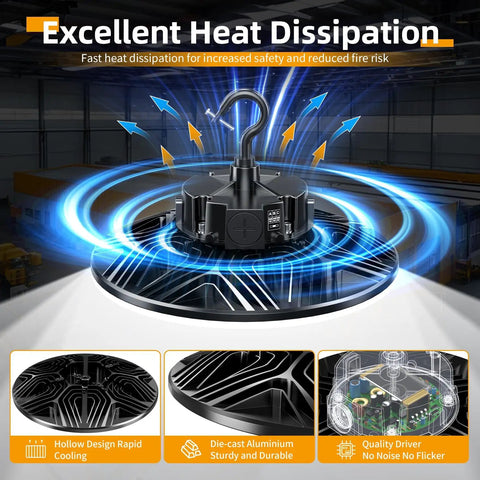 UFO LED High Bay Light 300W 43500 Lm 5000K Up And Down Lighting Shop Light With 110V Plug showcasing heat dissipation