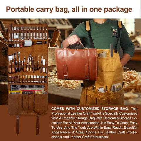 All In One Leather Working Tool Set 588Pcs Pro Gear For Beginners with tools in a portable leather carry bag