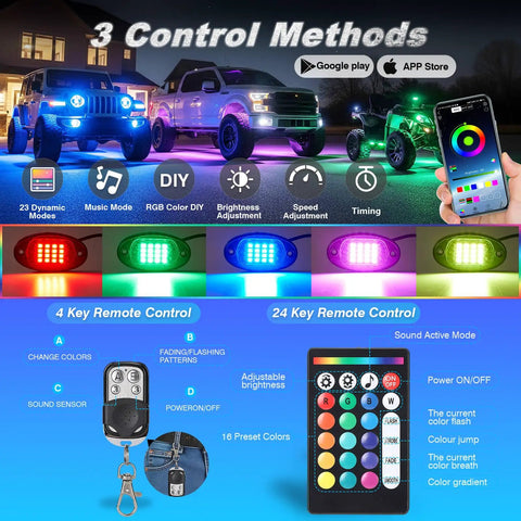 8 Pods RGB LED Rock Lights Kit for Jeep, Trucks, ATV; control methods, app and RF remote display