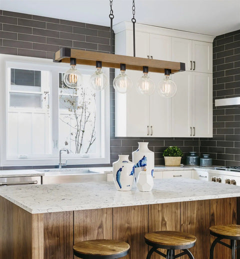 36 Inch Rustic Kitchen Island Light With 5 Lights, Linear Metal Frame, Hickory Wood Look And Black Finish in modern kitchen