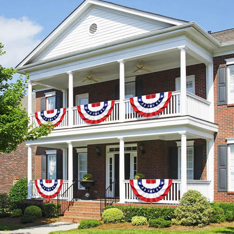 8 Pack Pleated Bunting Flags For Outdoor Use 1.5x3 Ft Red White And Blue American Patriotic Half Fan Banners on porch railing