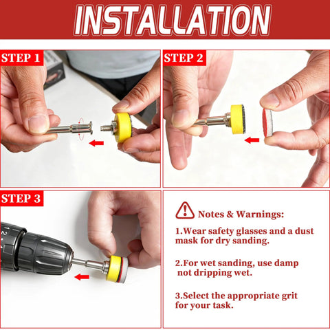 Installation guide for 63 Piece 1 Inch Sanding Discs Kit With Hook And Loop For Drill Shanks 1 Eighth And 1 Quarter Inch Wet Dry Pads.