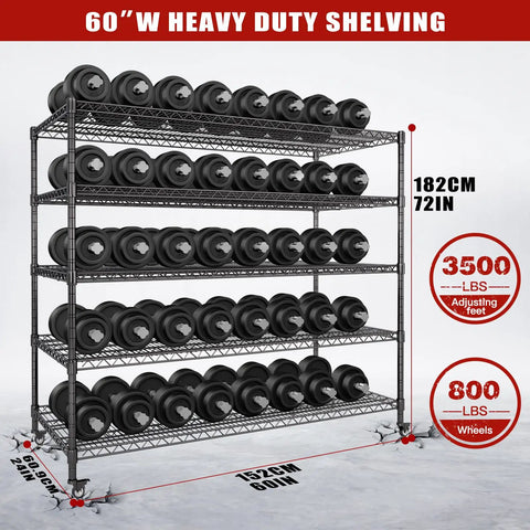 Beefy Rolling Five Tier Wire Shelving Unit With Wheels Adjustable Garage Pantry Kitchen Storage Rack 60 Inch Wide 24 Inch Deep 72 Inch High 3500 Lbs Static Load 700 Lbs Per Shelf Dynamic Load black wire rack with wheels