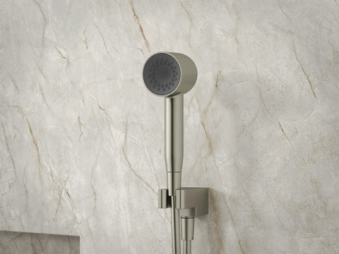 Statement Wall Mount Handshower Holder For Easy Pivot And Boss Level Adjustable Angle shown on marbled bathroom wall.