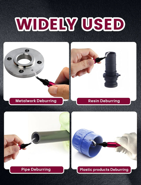 Deburring tool kit with red-handle rotary blades; four views show metal, resin, pipe, and plastic deburring.