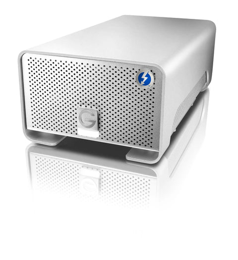 Thunderbolt Dual Drive Storage System 8TB Ultra Fast Data Transfer For Pro Workflows With Dual Thunderbolt Ports Dope Performance For Multi Stream HDV DVCPro HD XDCAM HD And ProRes 422 silver RAID enclosure front view