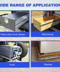 Heavy Duty Full Extension Ball Bearing Drawer Slides With Secure Lock For RV And Pickup Trucks Featuring Rock Solid Three Hundred Pound Capacity Cold Rolled Steel Build Delivers Smooth As Butter Glide Daily mounted in a truck drawer.