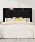 Straight Up Comfortable Full Bed Frame With Built In Charging Station And Storage Shelf Sleek Black Velvet Wingback Headboard with pillows and charging devices