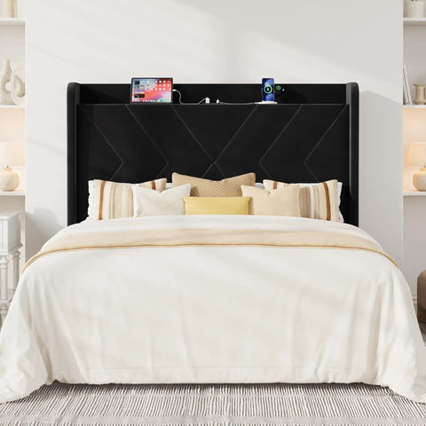 Straight Up Comfortable Full Bed Frame With Built In Charging Station And Storage Shelf Sleek Black Velvet Wingback Headboard with pillows and charging devices