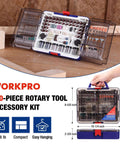 WORKPRO 530-piece rotary tool accessory kit in a blue plastic case with assorted bits, grinding wheels and sanding drums.