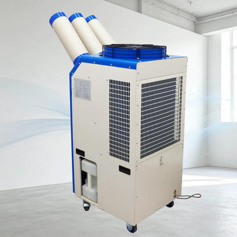 Heavy Duty Portable Spot Cooler With Twenty Two Thousand BTU Industrial Air Conditioner in a bright workspace.