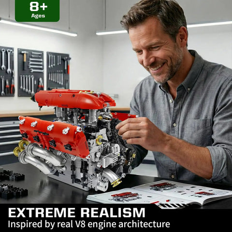 Visible V8 Engine Model Kit For Adults Build Your Own Working Car Motor with real moving parts, man assembling model
