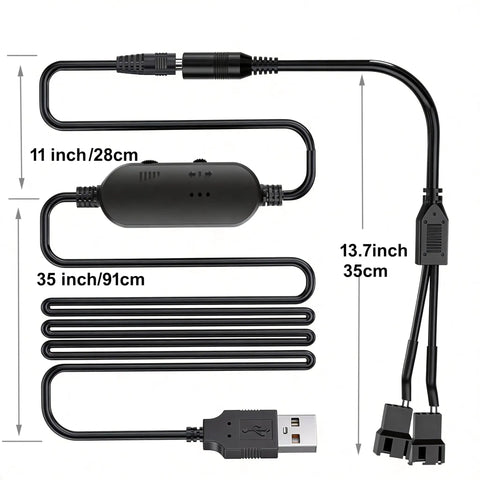 12V PC Fan Speed Controller With USB Power And 5V To 12V Stepless Voltage Control, cables showing dual 4-pin splitter