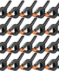 Front view: 20-pack 3.5-inch plastic spring clamps with orange tips, black heavy-duty clamps