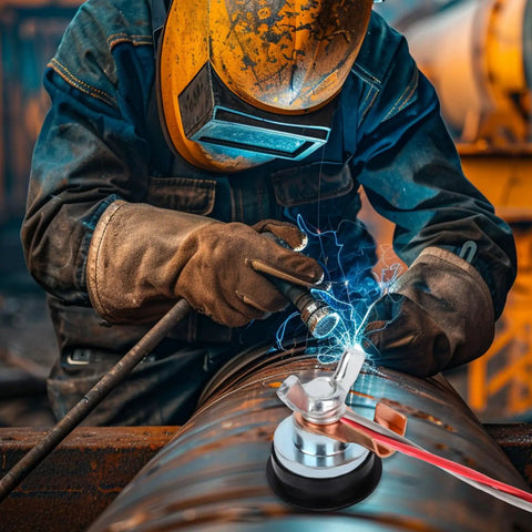 Welder using Pro Grade Magnetic Grounding Welding Clamp with Adjustable Magnet on metal pole with sparks