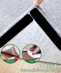 Double Sided Non Slip Rug Tape Set 16 Pieces Reusable And Washable Keeps Rugs Flat On Hardwood Tile Carpets Mats And Walls Easy To Install And Stays In Place In High Traffic Areas being applied under a rug with no residue demonstration.