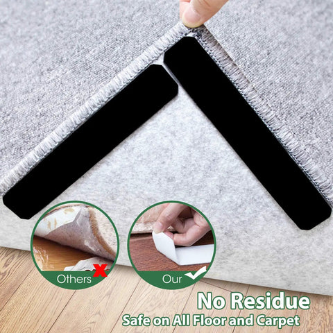Double Sided Non Slip Rug Tape Set 16 Pieces Reusable And Washable Keeps Rugs Flat On Hardwood Tile Carpets Mats And Walls Easy To Install And Stays In Place In High Traffic Areas being applied under a rug with no residue demonstration.