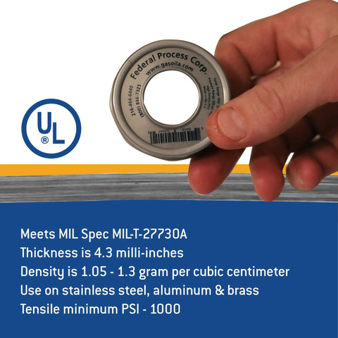 Heavy Duty Nickel PTFE Thread Seal Tape For Tough Plumbing Jobs Tight Seal On Gas Water Lines Stainless Steel Pipes, hand holding tape.