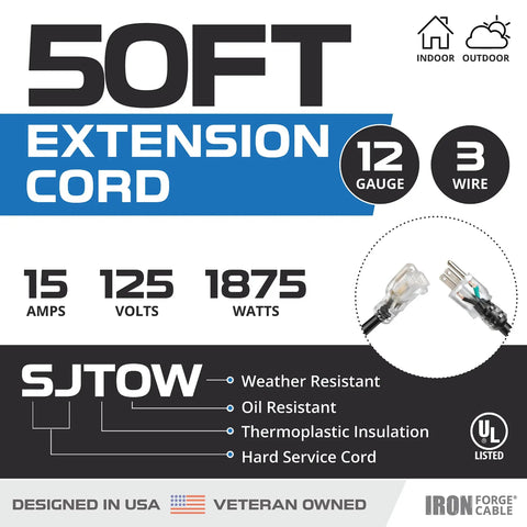 Oil Resistant 12 Gauge 3 Conductor 50 Foot Extension Cord Heavy Duty Outdoor 3 Prong 15 Amp SJTOW Cable For Tools Appliances