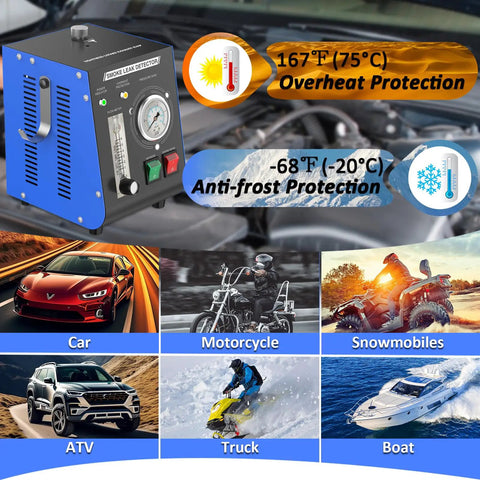 EVAP Smoke Machine Leak Tester With Built In Air Pump And Pressure Gauge Flow Meter Dual Mode Automotive Leak Detector For All 12V Cars And Motorcycles Detects Evap System Intake Crankcase Vacuum Turbo EGR And Exhaust Leaks, front view