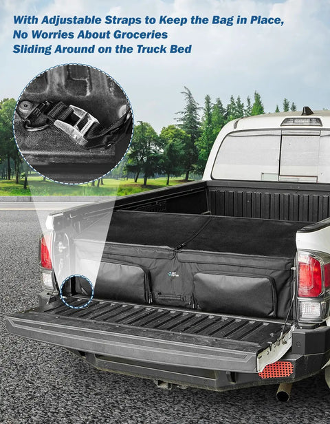 Truck Bed Cargo Organizer Bag For Pickup And SUV Fits Gladiator Ranger Cybertruck Tacoma Colorado Canyon Tundra Silverado Sierra Keeps Groceries Golf Gear And Tools Secure With Easy Slide In And Out Access installed in truck bed
