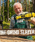 Man using Handheld Electric Chainsaw Sharpener Kit With 6 Titanium Coated Diamond Bits For On The Bar Sharpening outdoors.