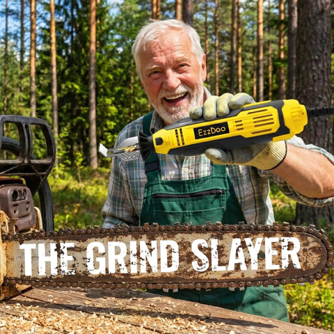 Man using Handheld Electric Chainsaw Sharpener Kit With 6 Titanium Coated Diamond Bits For On The Bar Sharpening outdoors.