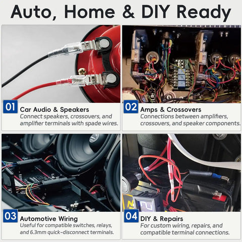 Top Notch 18Awg Speaker Wire Connectors Kit Loaded With 6.3Mm Pre Crimped Female Spade Terminals Tight For Car Audio Installations And Home Rig Hookups in wiring setup.