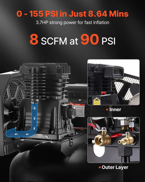 VEVOR 60 Gallon Air Compressor 3.7HP Belt Driven Oil Lubricated Tank 155PSI Max Pressure 8 SCFM Heavy Duty Industrial Grade Powerful Pump For Workshops And Auto Repair Shops No Plug Required Great Deal