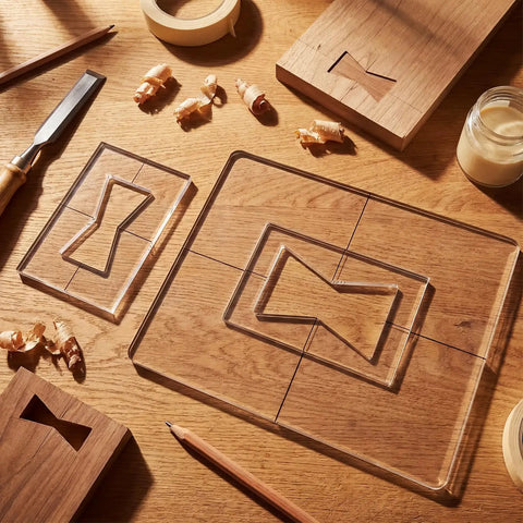 Pro Tier 3 Pack Bow Tie Inlay Router Template Kit with two clear acrylic templates on wood, ideal for butterfly key repairs.