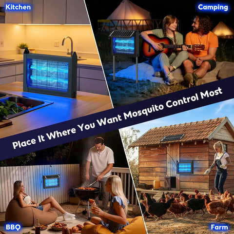 Dual Powered Mosquito Zapper With 4500V Electric Grid USB Recharge Auto On Off IPX5 Waterproof Outdoor Fly Trap shown in various settings