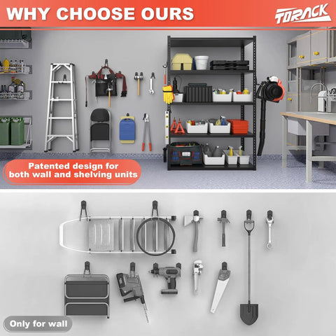 Garage Storage Hooks For Keyhole And Wall Shelves Heavy Duty Utility Hangers For Tools Ladders Cords Shovels Rakes And Folding Chairs Space Saving Organizer Black Ideal For Garages Sheds And Laundry Rooms Must Have Gear shown in garage setup.