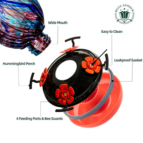 Outdoor Hand Blown Glass Hummingbird Feeder With 24 Oz Capacity And Four Feeding Ports, wide mouth and easy-to-clean design
