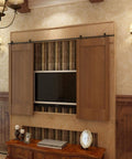 48 Inch Mini Barn Door Hardware Kit for Double Cabinet Doors Top Mount Design in Oil Rubbed Bronze Trimmable Rail From 48 to 43 Inches DIY installed over a TV cabinet