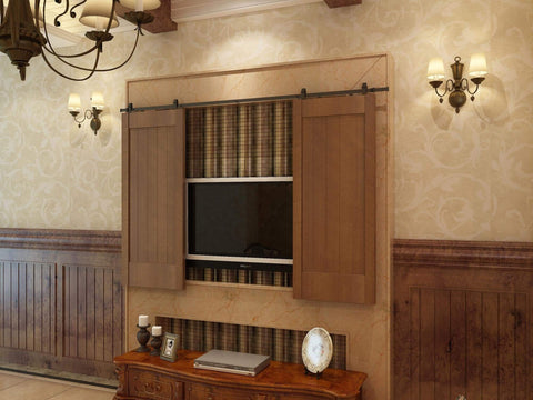 48 Inch Mini Barn Door Hardware Kit for Double Cabinet Doors Top Mount Design in Oil Rubbed Bronze Trimmable Rail From 48 to 43 Inches DIY installed over a TV cabinet