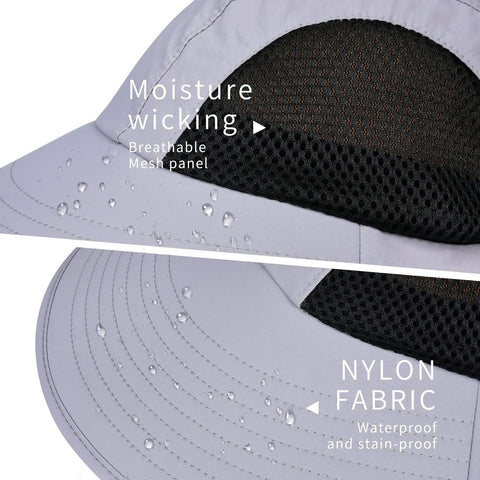 Go To Wide Brim Sun Hat With Neck Flap UPF 50+ nylon fabric showing water droplets and breathable mesh sides