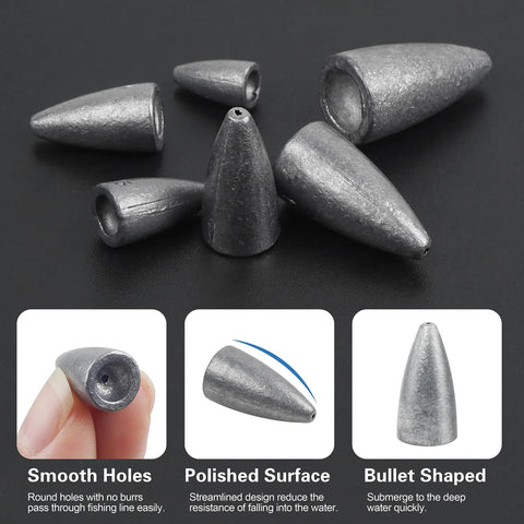 Bullet Fishing Sinkers 50 Pcs Set For Bass Texas Rig Weedless showing multiple sizes and smooth, polished surface on black background.