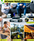 Ryobi 18V Battery Adapter With 12 AWG Wire shown powering RC cars, ride-on toy, and camp lights showcasing multiple applications.