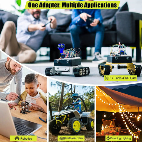 Ryobi 18V Battery Adapter With 12 AWG Wire shown powering RC cars, ride-on toy, and camp lights showcasing multiple applications.