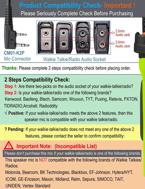 Compatibility check info for Heavy Speaker Mic for Baofeng and Kenwood Radios, Rugged Walkie Talkie Microphone With Crystal Clear Audio.