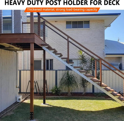 Installed heavy duty post holder supporting elevated deck with stairs, showcasing thickened material and load-bearing capacity.