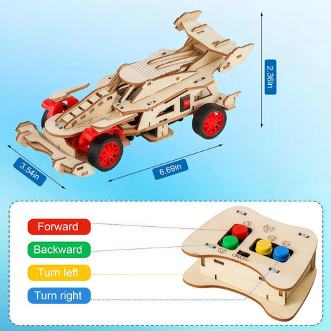 Wooden Awesome Remote Control F1 Car STEM Kit For Kids Aged 8 To 14 with remote, 3D puzzle view, dimensions shown