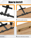 Installation guide for Precision Aluminum Twin Ruler Cabinet Hardware Jig, showcasing hardware spacing and drilling steps.