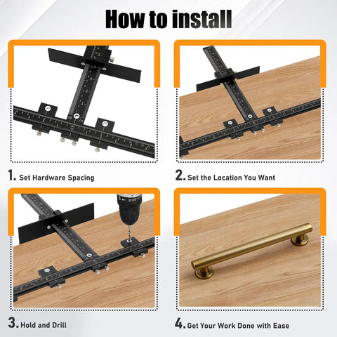 Installation guide for Precision Aluminum Twin Ruler Cabinet Hardware Jig, showcasing hardware spacing and drilling steps.