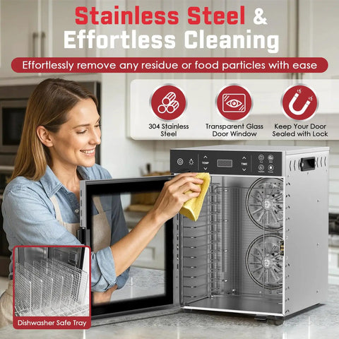 Woman cleaning Boss Level 12-Tray Stainless Steel Food Dehydrator With Dishwasher Safe Trays And 800W Digital Panel.