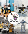 Six Pack Of FT90S 9g Micro Servo Motors With All Metal Gears shown with RC cars, drones, robots, and assembly lines.