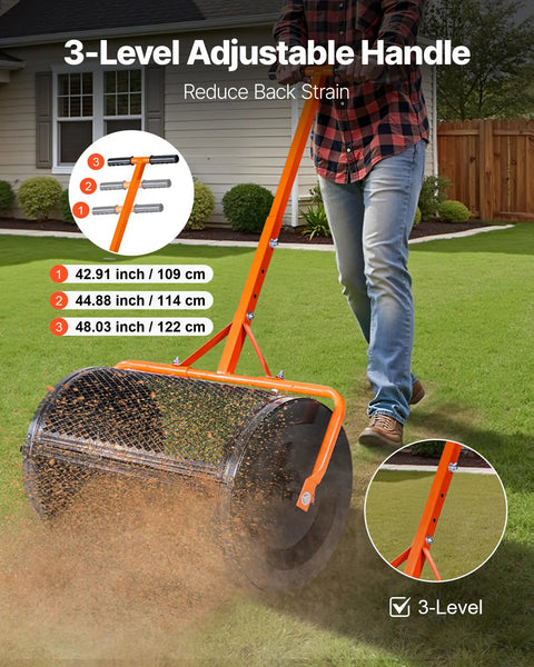 Heavy Duty Compost And Seed Spreader 24 Inch Wide Peat Moss Spreader with T Shaped Handle and Adjustable Heights
