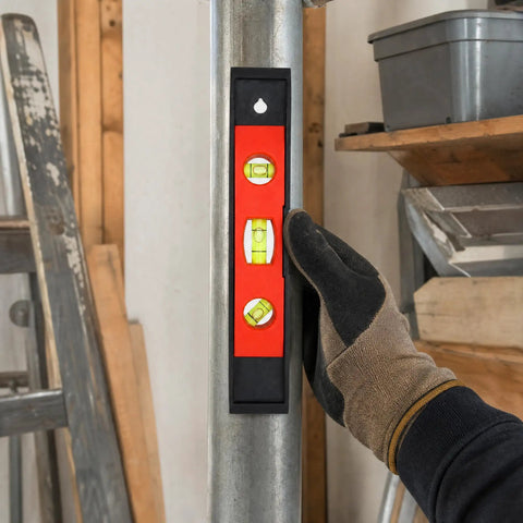 Spirit Level, 3, 23CM in use on a metal pole, showing three vials for checking levels, held by a gloved hand.